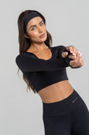 Cropped Manga Longa Fitness Feminino - Preto