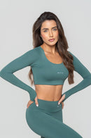Cropped Manga Longa Fitness Feminino - Musgo