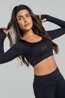 Cropped Manga Longa Fitness Feminino - Preto